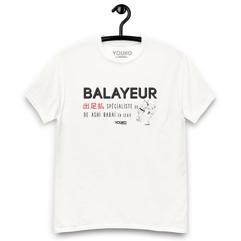 T-shirt judo blanc homme, illustration balayeur, style lifestyle