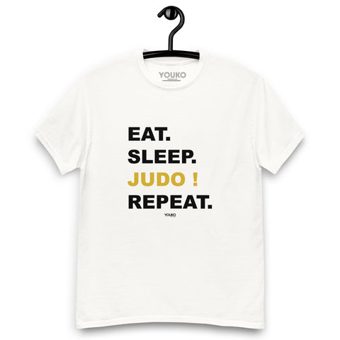 T-shirt judo blanc homme, illustration eat sleep judo style lifestyle