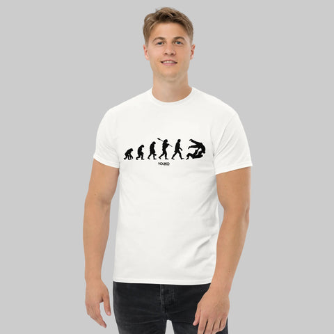 T-shirt judo blanc homme porte, illustration judo evolution style lifestyle