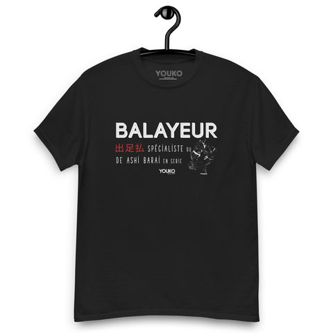 T-shirt judo noir homme, illustration balayeur, style lifestyle